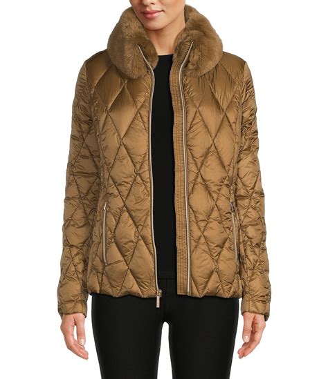 michael kors missy 3/4 down faux fur trim jacket|Michael Kors Missy 3/4 Down Faux Fur Hooded Quilted Jacket .